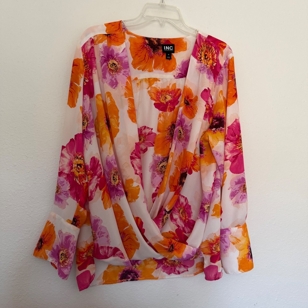 INC International Concepts Women 1X Floral Surplice Blouse Orange Pink